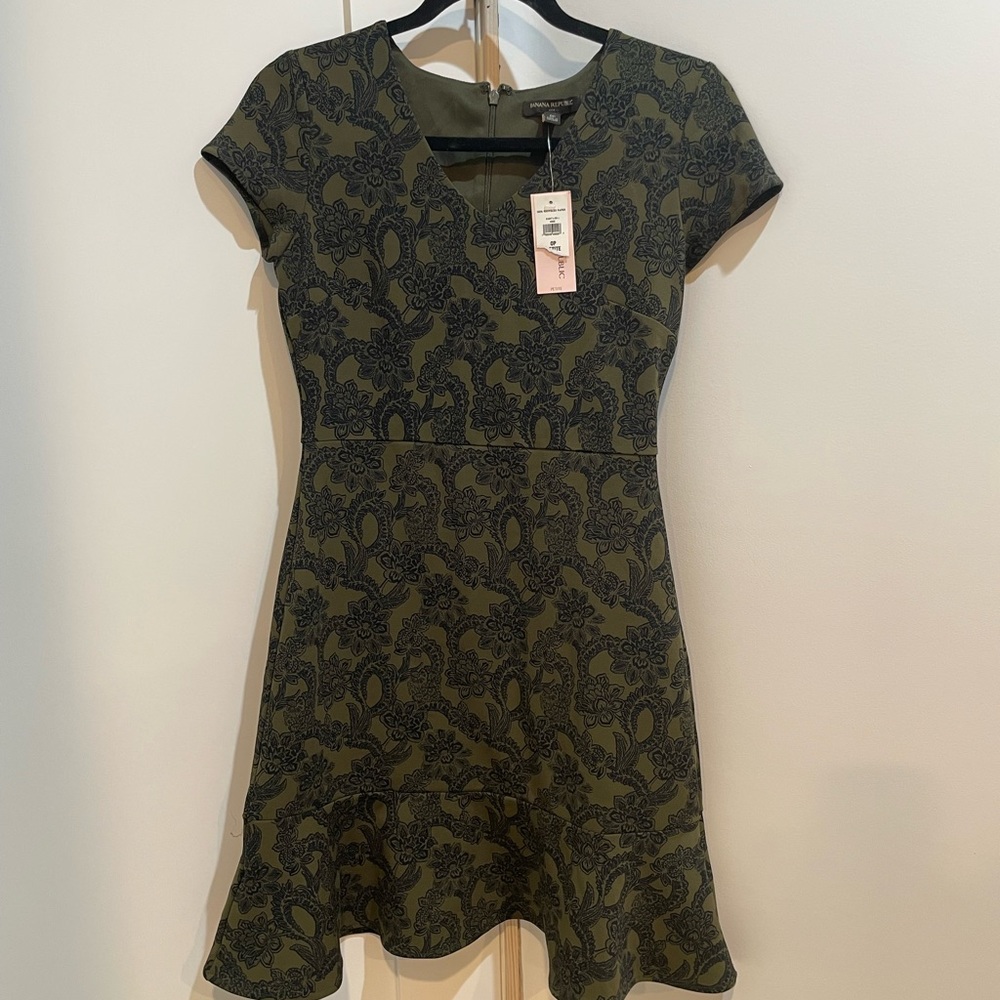 Beautiful olive green and black floral paisley print formal dress